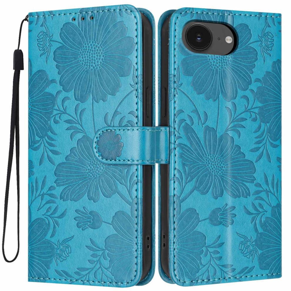 (Blue) Wallet Case For Iphone 17E / 16E Imprint Floral Pu Leather Stand Flip Phone Cover With Wrist Strap Blue 6914296286373
