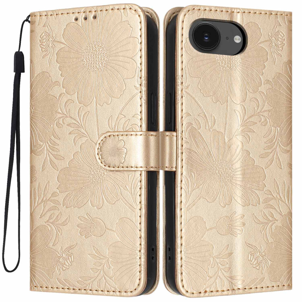 (Gold) Wallet Case For Iphone 17E / 16E Imprint Floral Pu Leather Stand Flip Phone Cover With Wrist Strap Gold 6914294650176
