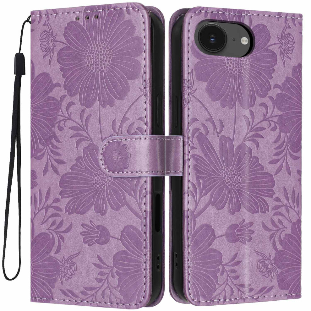 (Purple) Wallet Case For Iphone 17E / 16E Imprint Floral Pu Leather Stand Flip Phone Cover With Wrist Strap Purple 6914295151726
