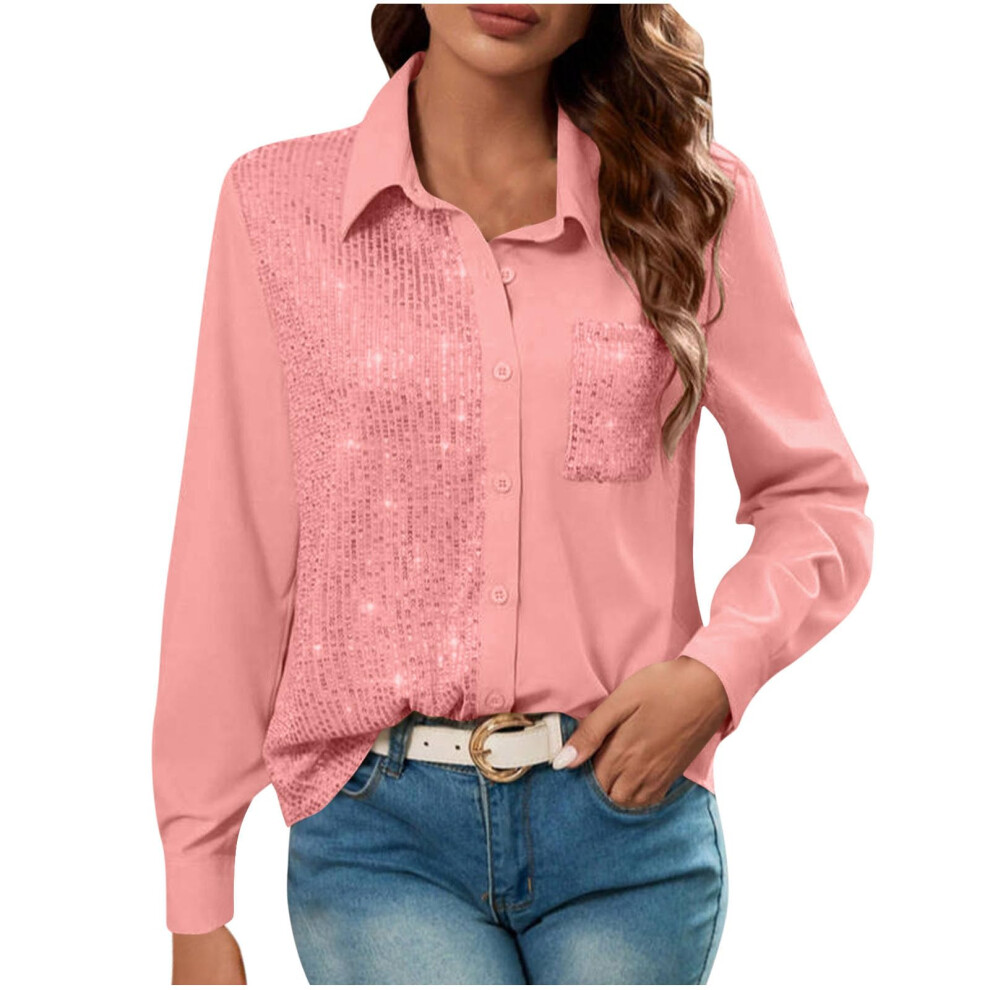 Pink Women's Sequin Tops Sparkle Long Sleeve Blouses Glitter- M