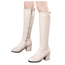 Willtoo Knee High Boots Women Chunky Heeled Square Toe Boot Platform Tall Long Boots Side Zipper Gogo Boots Beige