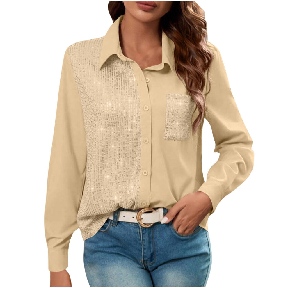 Yellow Women's Sequin Tops Sparkle Long Sleeve Blouses- M