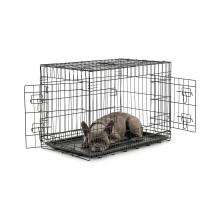 lionto Transportkäfig für Tiere, faltbarer Metallkäfig mit Trennwand, Kunststoffboden & Sicherheitsverriegelung, 76x49x56 cm