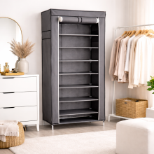 belviona Stoffkleiderschrank, mobiler Kleiderschrank mit 10 Böden, faltbar, stabil & pflegeleicht, ideal für kleine Räume, grau