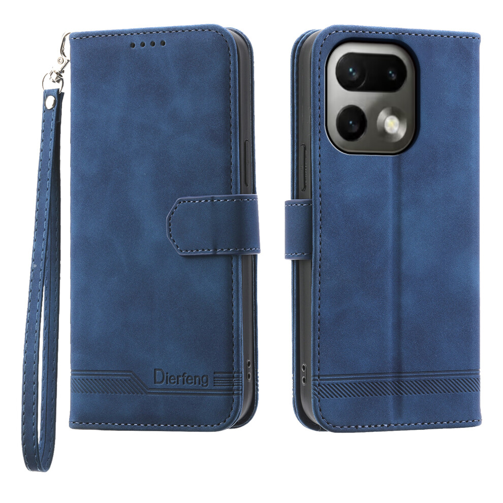 (Blue) Df-03 For Realme 16 Pro 5G Leather Case Lines Imprint Wallet Phone Cover With Wrist Strap Blue 6914295531948