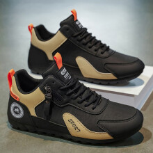 (black, 8.5) Men's Colorblock Casual Sneakers, Lace-Up Sporty Trainers with Side Zipper, Lightweight Walking Shoes