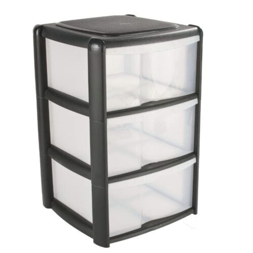 3 Drawer Plastic Storage Tower Unit, Black & Clear - Tontarelli