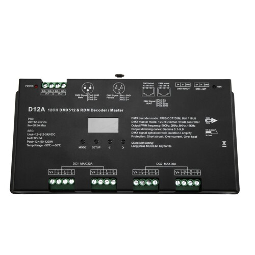 12CHx5A 12-24VDC CV OLED DMX512 Decoder D12A 4 PWM-Frequenties voor RDM DMX Master DIM/CCT/RGB Decoderingsmodus Selecteerbaar