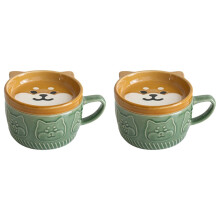 2X Taza Linda Japonesa Taza de Café de Cerámica Creativa Shiba Inu Panda Taza de Agua con Tapa para Desayuno para Leche de Pareja En Casa (Verde)