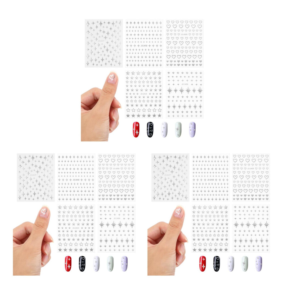Happyyami Silver 15Sheets Metal Star Nail Stickers Self-Adhesive Nail Art Decals