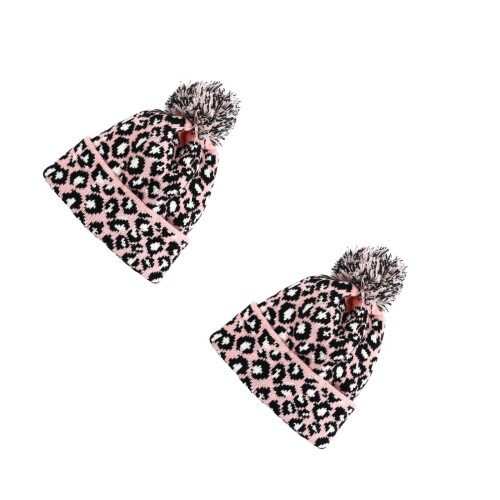 2St Dames Wintermuts Roze Wol Met Modieuze Luipaardprint