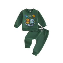 (6-12 Months, Green) Baby Boys Birthday Outfits Adorable Cartoon Animal Letter Print Long Sleeve Sweatshirt and Elastic Waist Pants Set