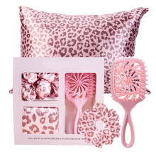 Soft Faux Leopard Print 3 In 1 Hair Brush Set with Hair-pink