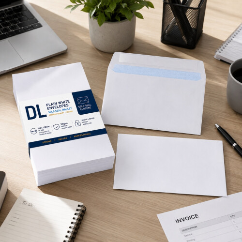 DL Plain White Envelopes (250 Pack) - DL Self-Seal Wallet, 100gsm, 110x220mm 2