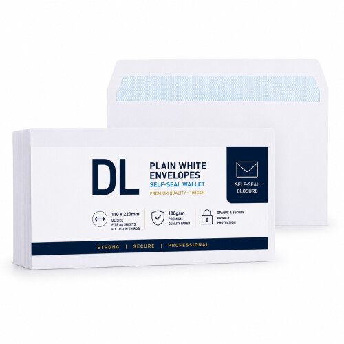 DL Plain White Envelopes (5 Pack) - DL Self-Seal Wallet, 100gsm, 110x220mm
