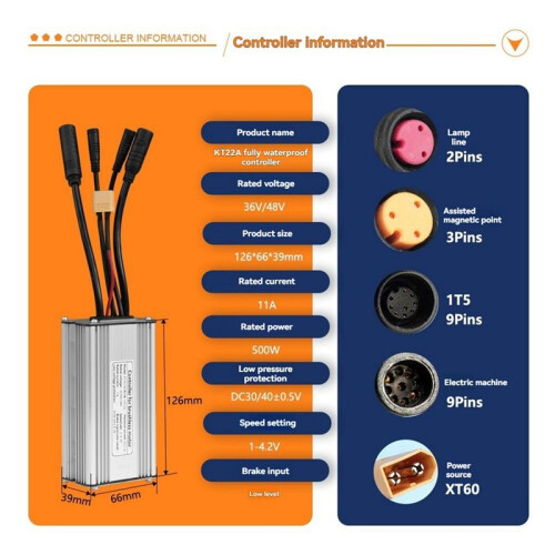 Electric Bicycle Controller with 1T5 Light Wire KT-22A Waterproof Sine Wave Controller Essential E-Bike Accessory 2
