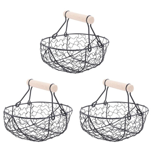 3X Wooden Handle Metal Retro Basket Portable Multi-Function Vegetable Fruit Egg Groceries Practical Storage Basket Black 1