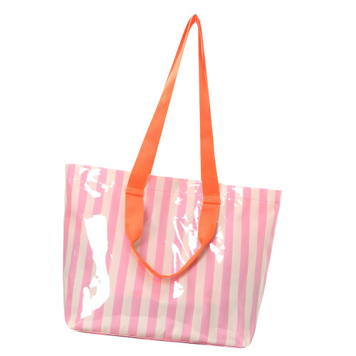 Gestreepte PVC-draagtas voor dames, plastic-rijstroze