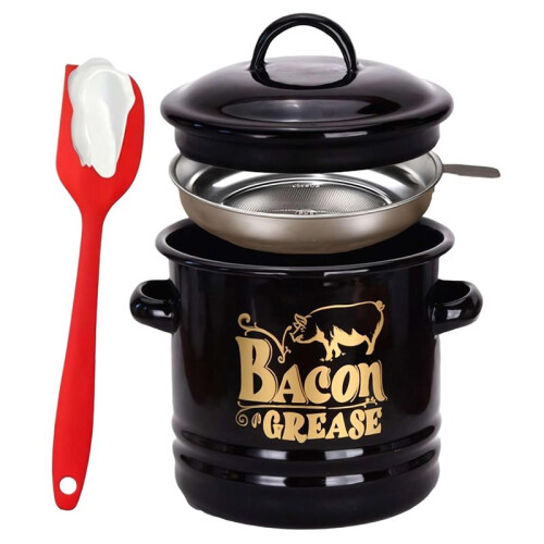 46oz Bacon  Grease Jar, Enamel Bacon Grease Container with Stainless Steel Filter, Includes Hanging Spatula