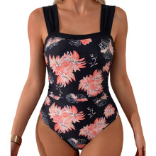 Quick Drying Wide Strap Swimsuit Nylon-chrysanthemum black XXL