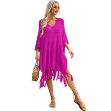 Fijne bikinitop met kwastjes en strandblouse-roze rood