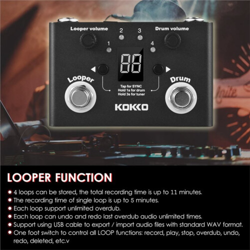 KOKKO Multifunction Looper Effect Pedal Drum Machine Digital Tuner BT Page Turner Phrase Loop Recording Compact Pedal 1
