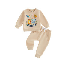 (6-12 Months, Apricot) Baby Boys Birthday Outfits Adorable Cartoon Animal Letter Print Long Sleeve Sweatshirt and Elastic Waist Pants Set