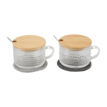 Vintage Coffee Glass Mugs Set of 2, Glass Coffee Tea Cups with Bamboo Lids, Coaster and Spoons,15Oz Clear Embossed A