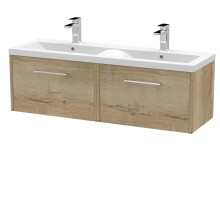 Winshill Contemporary 2 Drawer Wall Hung Vanity Unit with Double Basin, Light Oak, 1200mm