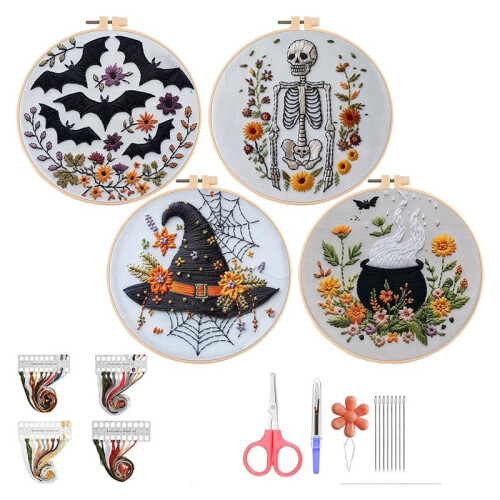 Halloween Embroidery Kit, Halloween -Stitch Kit, 4 Set Gothic Embroidery -Kit for Beginners
