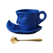 Romantics Abstract Kiss Couple Ceramic Mug and Saucer Set-Blue