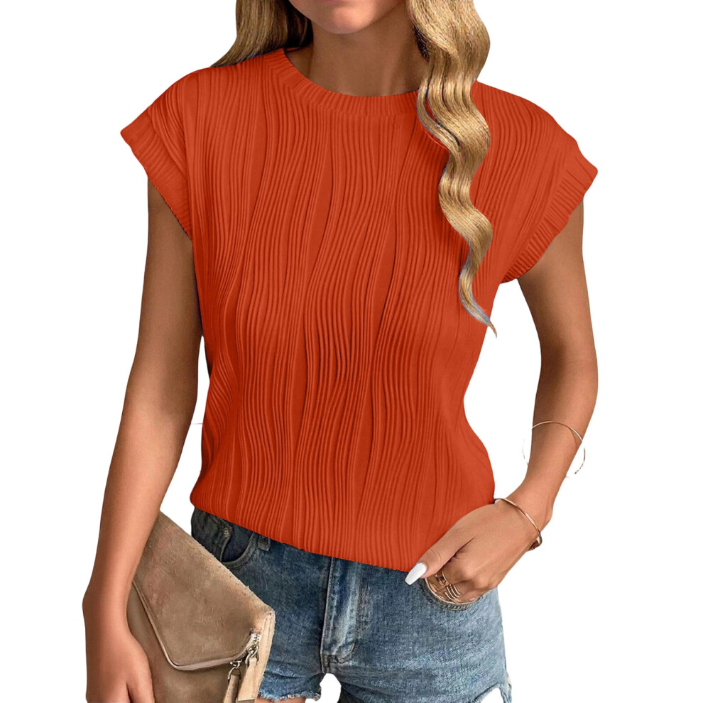 Womens Short Sleeve Textured Tops Crewneck Knit-orangered XL