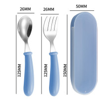 (Blue) Stainless Steel Baby Gadgets Tableware Set Cartoon Toddler Dinnerware Cutlery Utensil Infant Food Feeding Spoon Fork