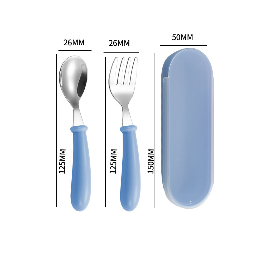 Stoyotu (Blue) Stainless Steel Baby Gadgets Tableware Set Cartoon Toddler Dinnerware Cutlery Utensil Infant Food Feeding Spoon Fork