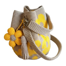 Floral Embroidered Crochet Bag Handwoven Flower Bucket-Yellow