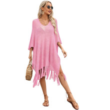Maillot de bain tricoté enveloppant à franges, Cover-Up-Rose