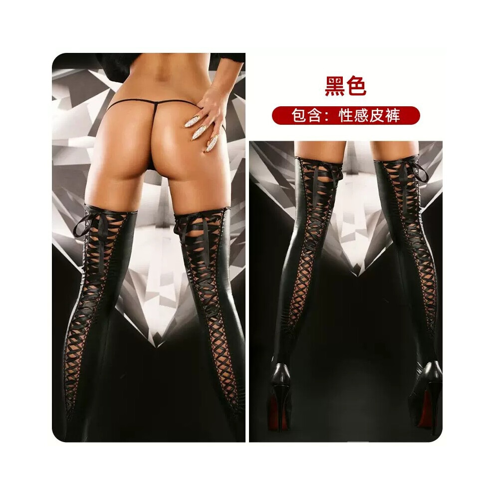 (Black, M) New European and American sexy underwear, patent leather straps, thigh leather socks, adult socks, foreign trade fun