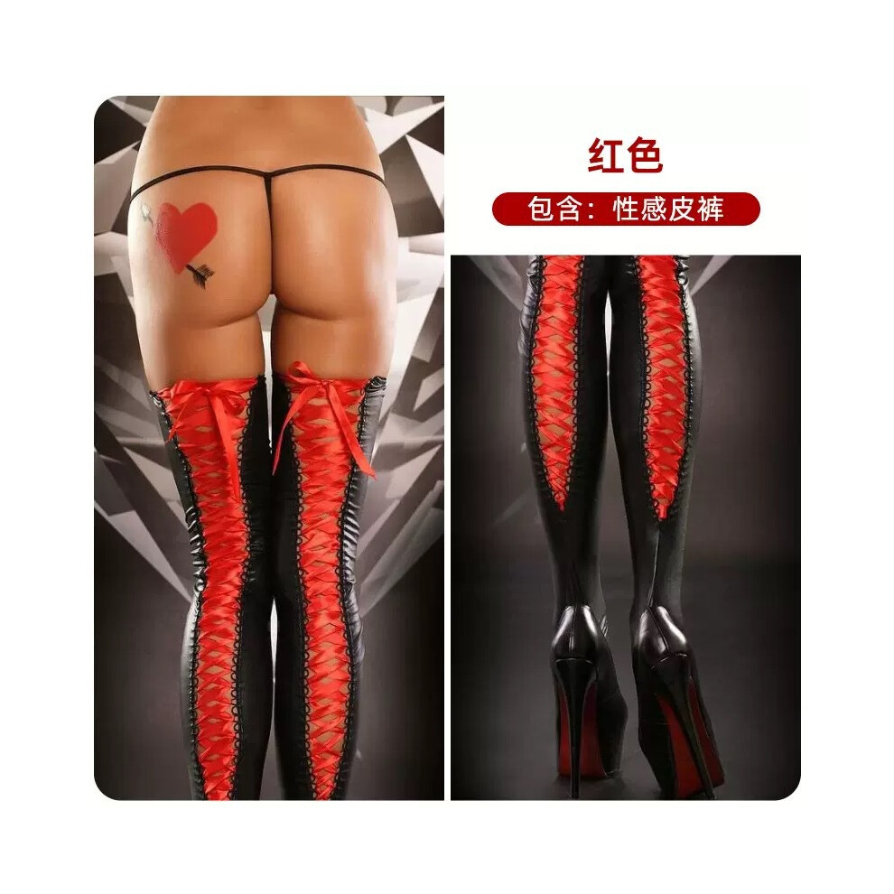 (Red, XXL) New European and American sexy underwear, patent leather straps, thigh leather socks, adult socks, foreign trade fun