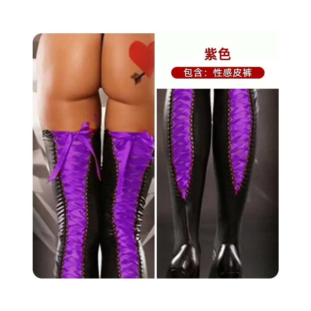 (Purple, XXXL) New European and American sexy underwear, patent leather straps, thigh leather socks, adult socks, foreign trade fun