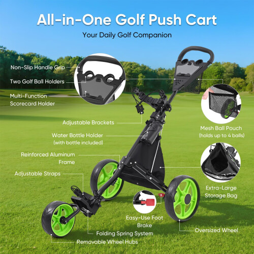 3 Wheel Foldable Golf Push Cart with Foot Brake, Mesh Pocket, Adjustable Handle 1