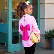 (Pink, 170cm) Girls' fashionable sweet big bow decorated back hollow lapel loose off-shoulder long-sleeved buttoned casual shirt