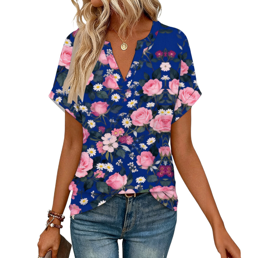 Blue Women's Short Sleeve V-Neck Blouses, Work Blouses,- Xxl