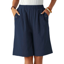 Women's Shorts Wide Leg High Elastic Knee Length-Navy blue S