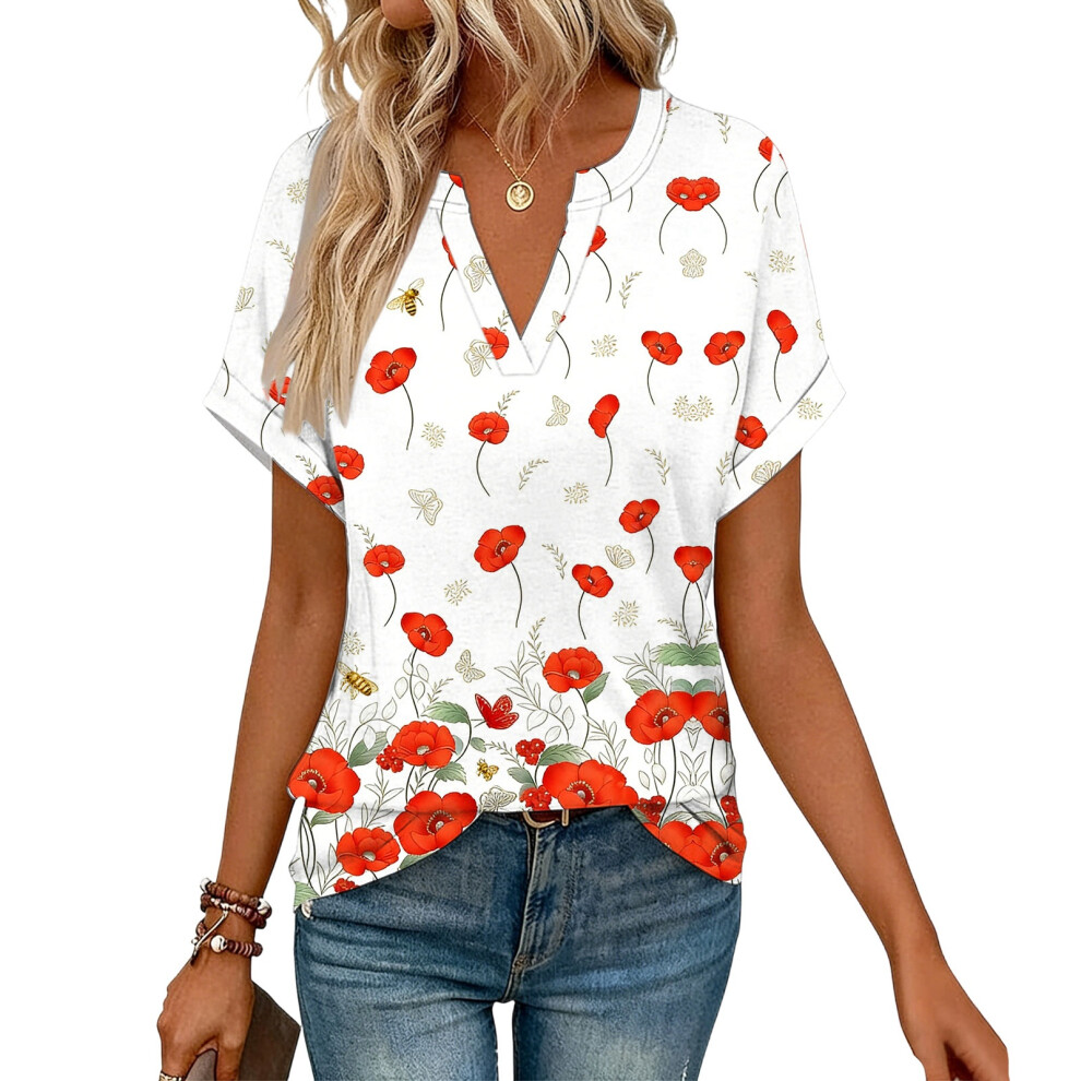 Red Women's Short Sleeve V-Neck Blouses, Work Blouses,- Xl