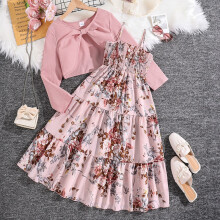 (Peach color, 140cm=9Y) Medium and large children's suits, girls' clothing, spring new sweet floral suspender dress, long-sleeved jacket