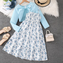 (Sky blue, 140cm=9Y) Medium and large children's suits, girls' clothing, spring new sweet floral suspender dress, long-sleeved jacket