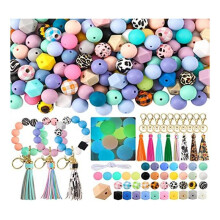 221Pcs 15Mm Bulk Silicone Rubber Keychain Beads with Tassels and Key Chain for DIY Keychain Making Supplies