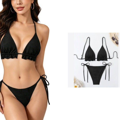 2 Piece Tankini Set With Scalloped Trim And Adjustable-Black M 2