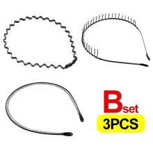 3-Pack Unisex Metal Wavy Hair Bands - Black Adjustable Sports Headbands (Set B) for Men and Women