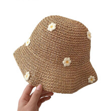 (Khaki) Stylish Foldable Wide Brimmed Straw Hat For Women Summer Beach Vacation Sun Protection Floral Decor Breathable Design  Khaki